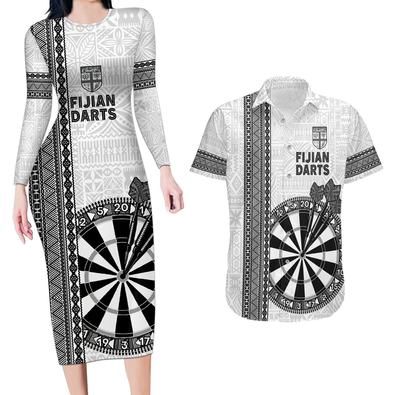 Personalised Fiji Darts Couples Matching Long Sleeve Bodycon Dress and Hawaiian Shirt Fijian Tapa Pattern - White