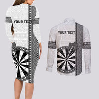 Personalised Fiji Darts Couples Matching Long Sleeve Bodycon Dress and Long Sleeve Button Shirt Fijian Tapa Pattern - White