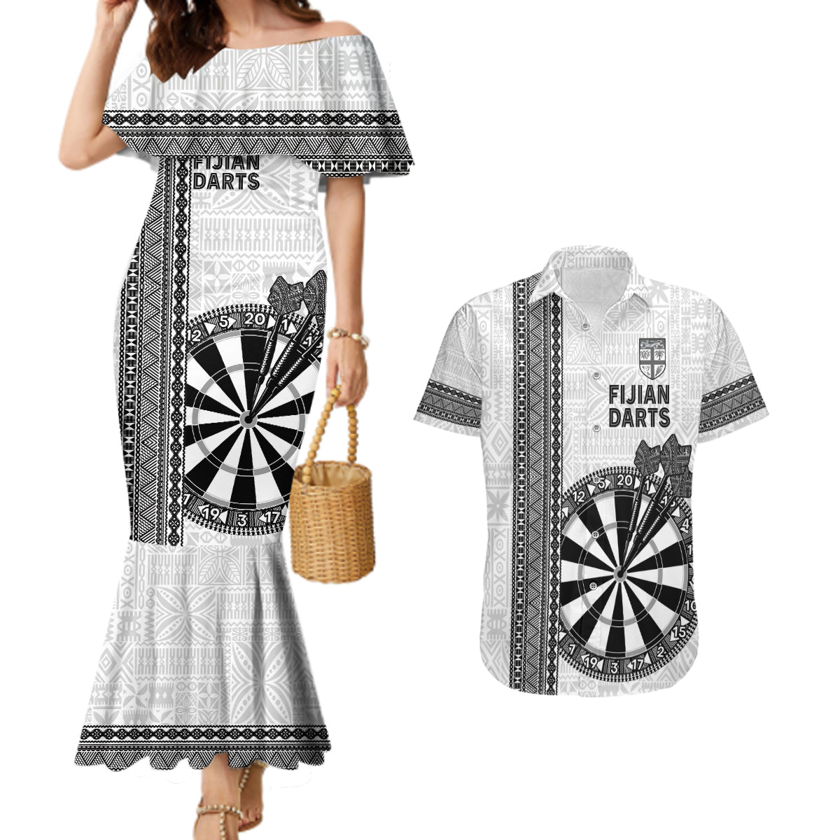 Personalised Fiji Darts Couples Matching Mermaid Dress and Hawaiian Shirt Fijian Tapa Pattern - White