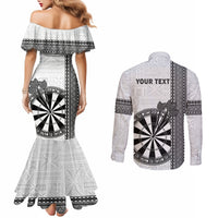 Personalised Fiji Darts Couples Matching Mermaid Dress and Long Sleeve Button Shirt Fijian Tapa Pattern - White
