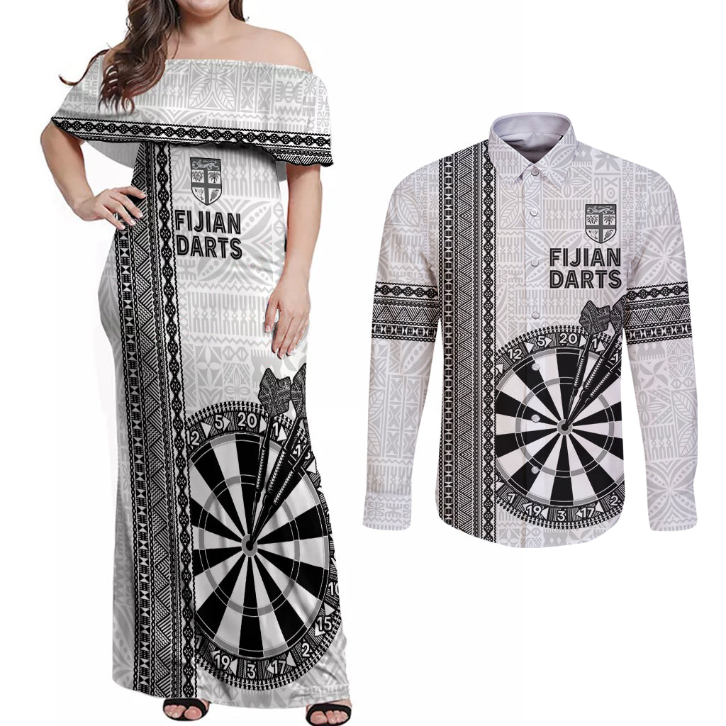 Personalised Fiji Darts Couples Matching Off Shoulder Maxi Dress and Long Sleeve Button Shirt Fijian Tapa Pattern - White