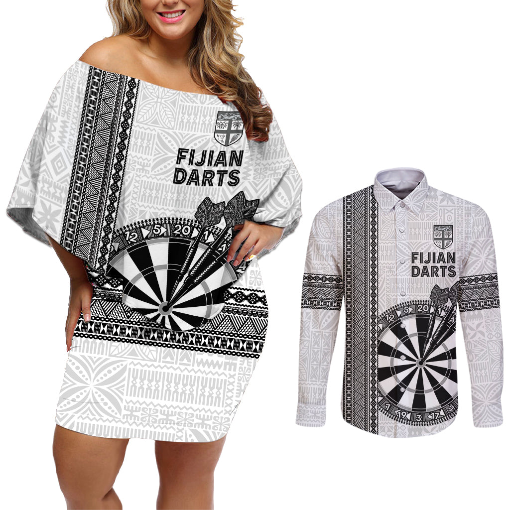 Personalised Fiji Darts Couples Matching Off Shoulder Short Dress and Long Sleeve Button Shirt Fijian Tapa Pattern - White