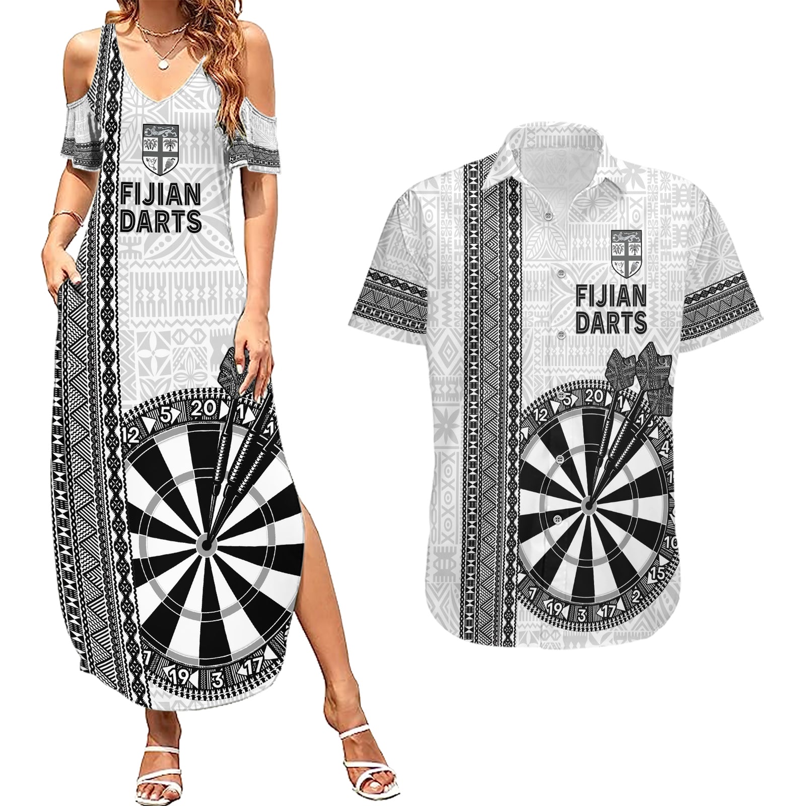 Personalised Fiji Darts Couples Matching Summer Maxi Dress and Hawaiian Shirt Fijian Tapa Pattern - White