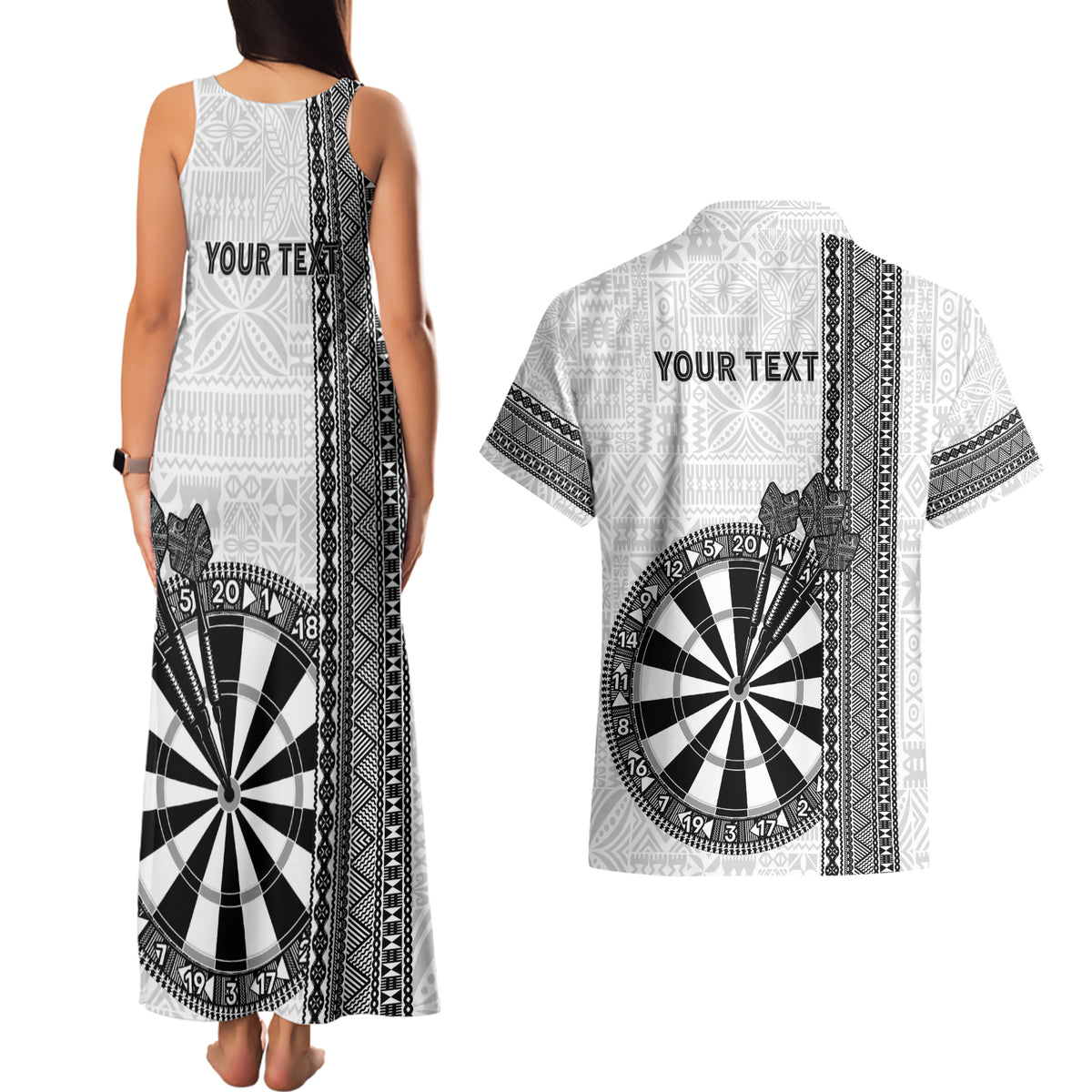Personalised Fiji Darts Couples Matching Tank Maxi Dress and Hawaiian Shirt Fijian Tapa Pattern - White
