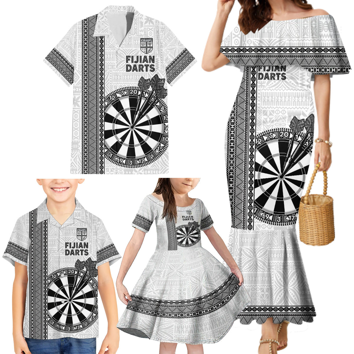 Personalised Fiji Darts Family Matching Mermaid Dress and Hawaiian Shirt Fijian Tapa Pattern - White