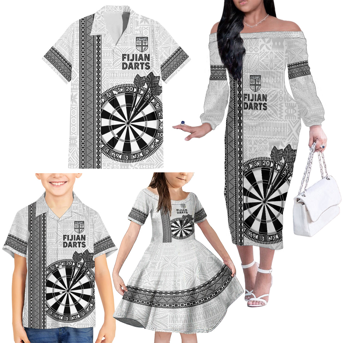 Personalised Fiji Darts Family Matching Off The Shoulder Long Sleeve Dress and Hawaiian Shirt Fijian Tapa Pattern - White