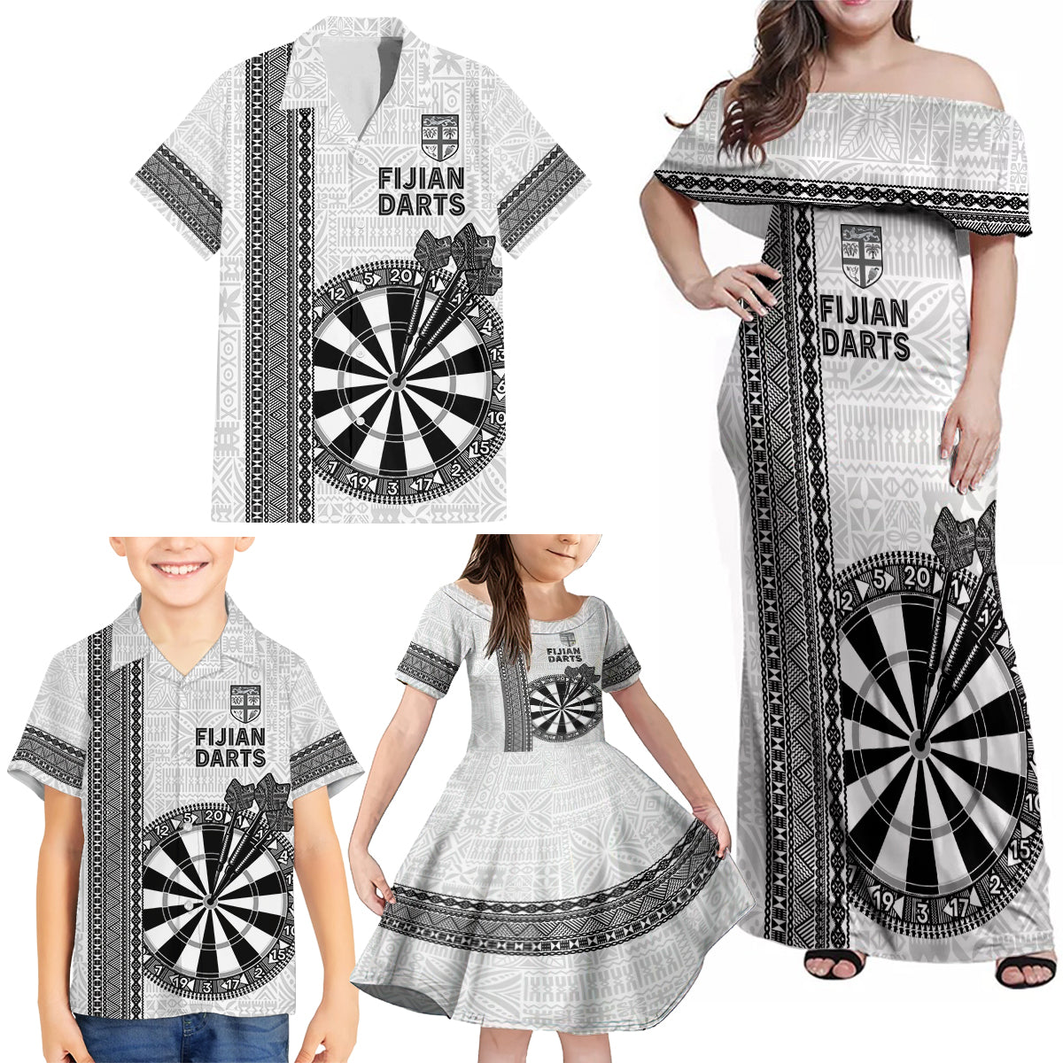 Personalised Fiji Darts Family Matching Off Shoulder Maxi Dress and Hawaiian Shirt Fijian Tapa Pattern - White