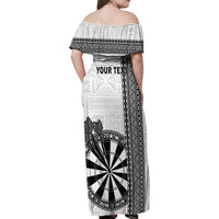 Personalised Fiji Darts Family Matching Off Shoulder Maxi Dress and Hawaiian Shirt Fijian Tapa Pattern - White