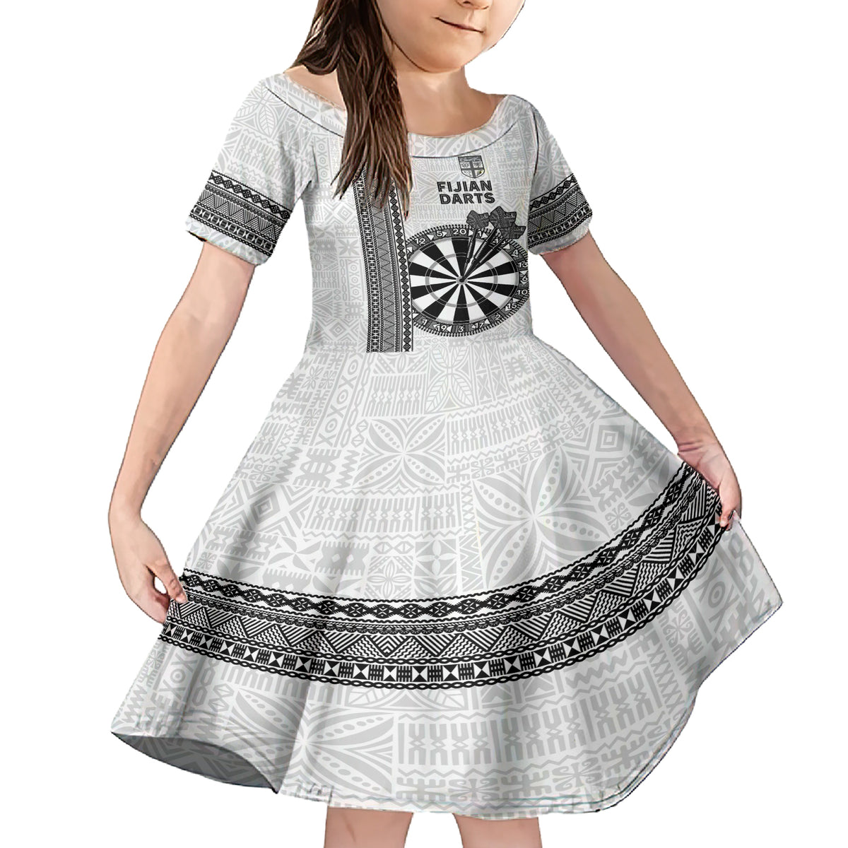 Personalised Fiji Darts Family Matching Short Sleeve Bodycon Dress and Hawaiian Shirt Fijian Tapa Pattern - White