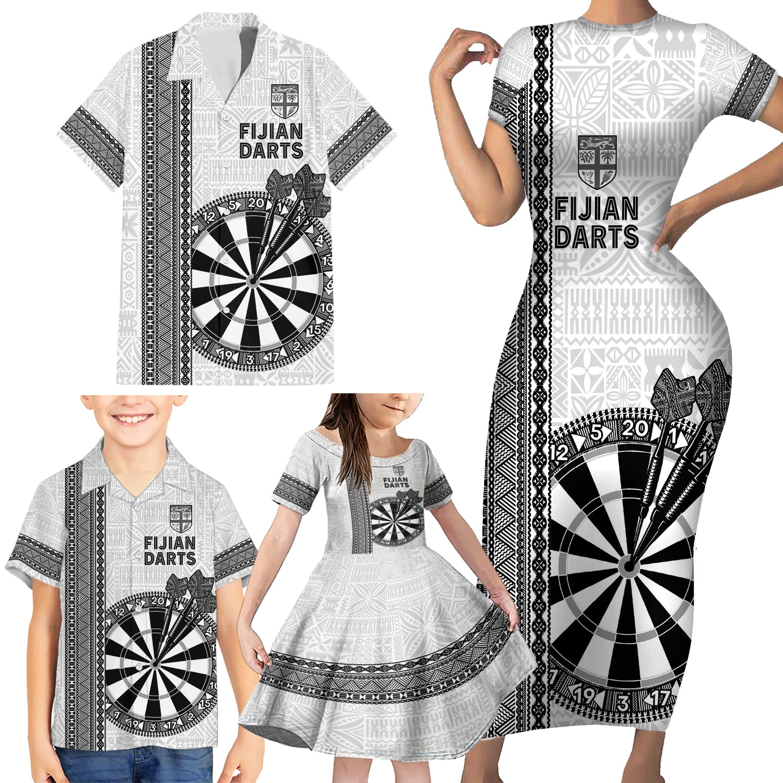 Personalised Fiji Darts Family Matching Short Sleeve Bodycon Dress and Hawaiian Shirt Fijian Tapa Pattern - White