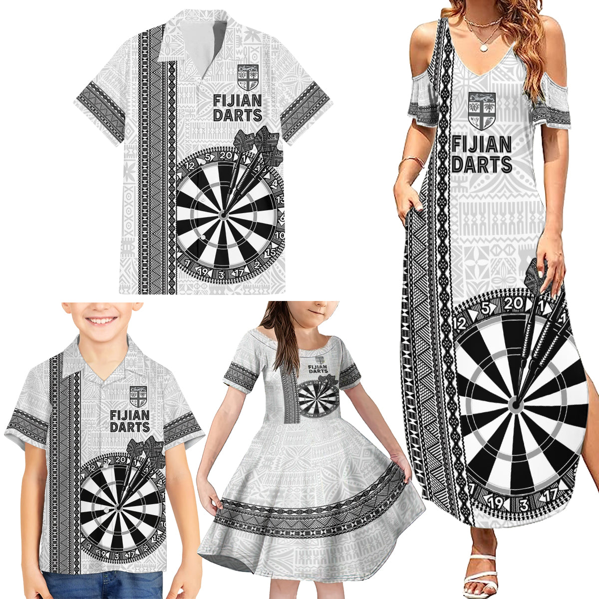 Personalised Fiji Darts Family Matching Summer Maxi Dress and Hawaiian Shirt Fijian Tapa Pattern - White