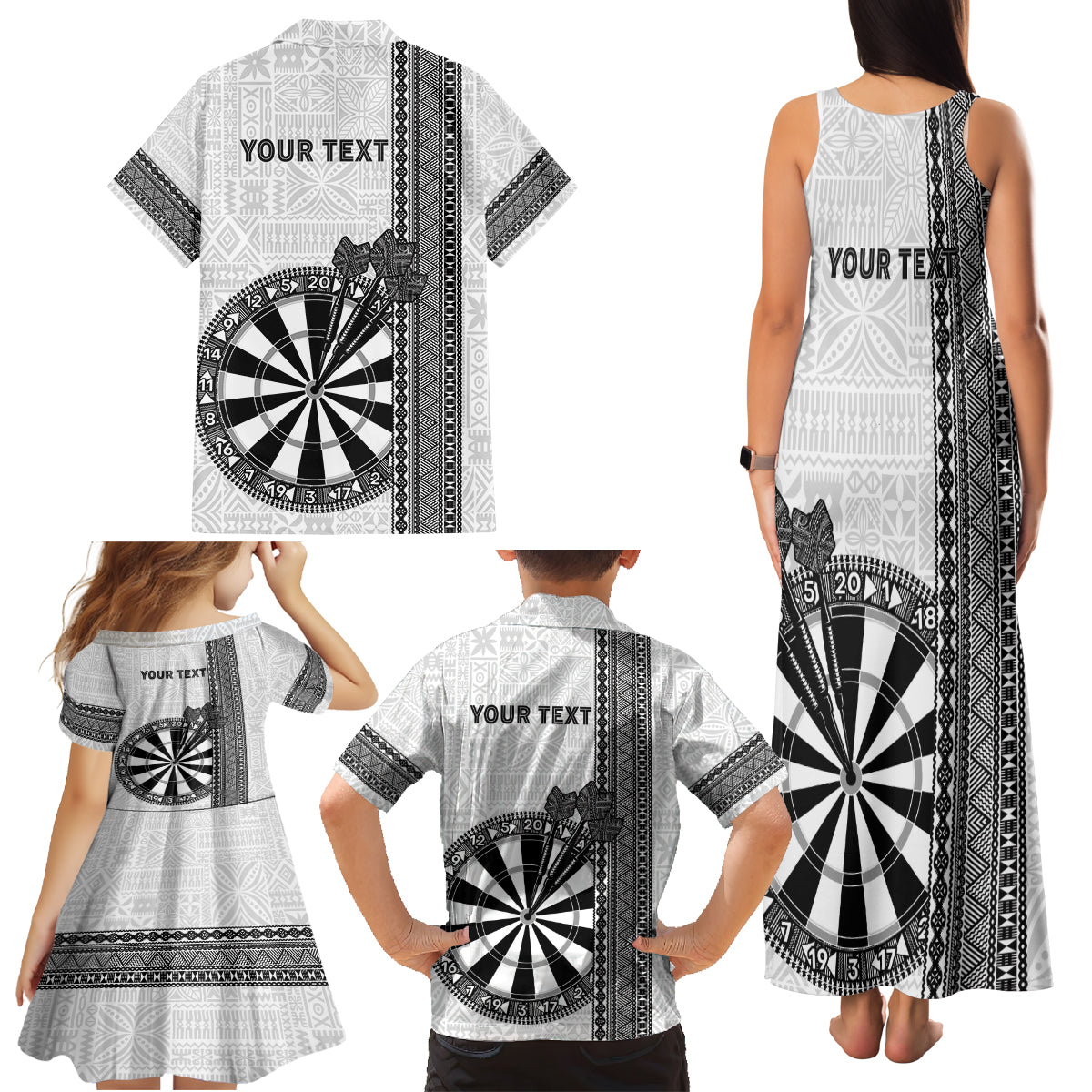 Personalised Fiji Darts Family Matching Tank Maxi Dress and Hawaiian Shirt Fijian Tapa Pattern - White