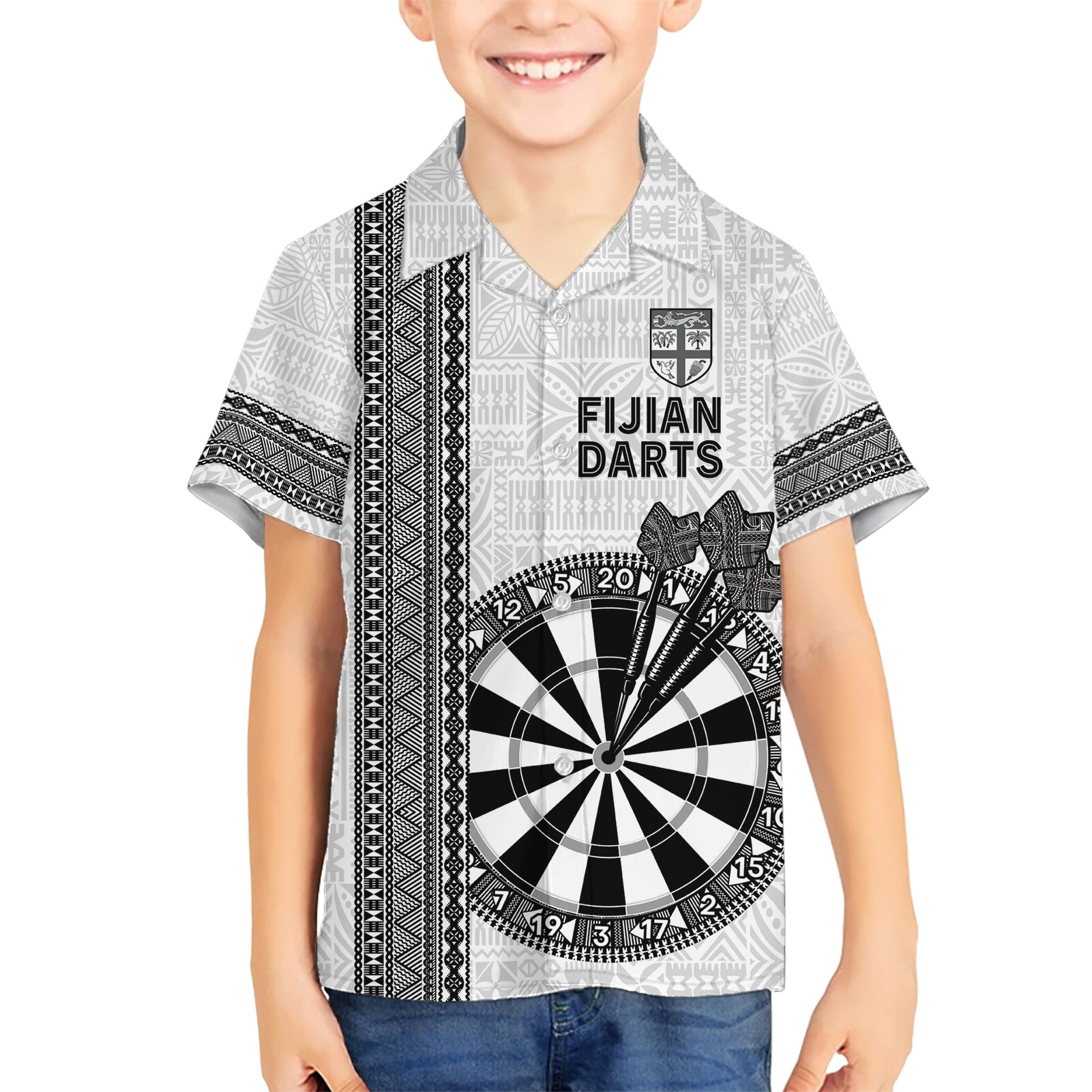 Personalised Fiji Darts Kid Hawaiian Shirt Fijian Tapa Pattern - White