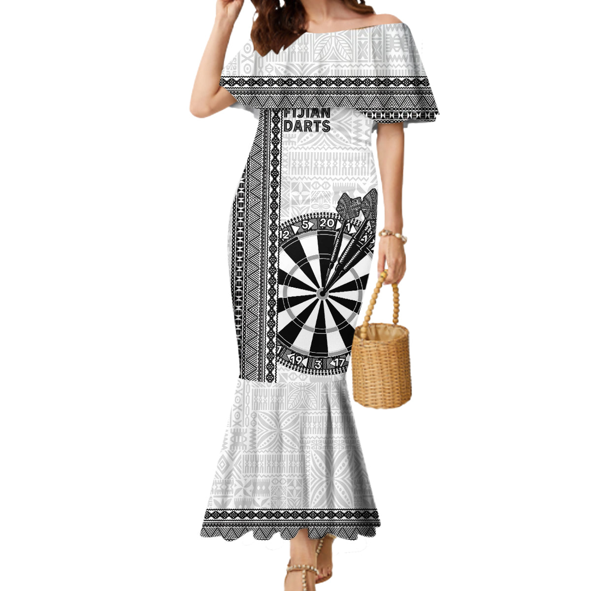 Personalised Fiji Darts Mermaid Dress Fijian Tapa Pattern - White