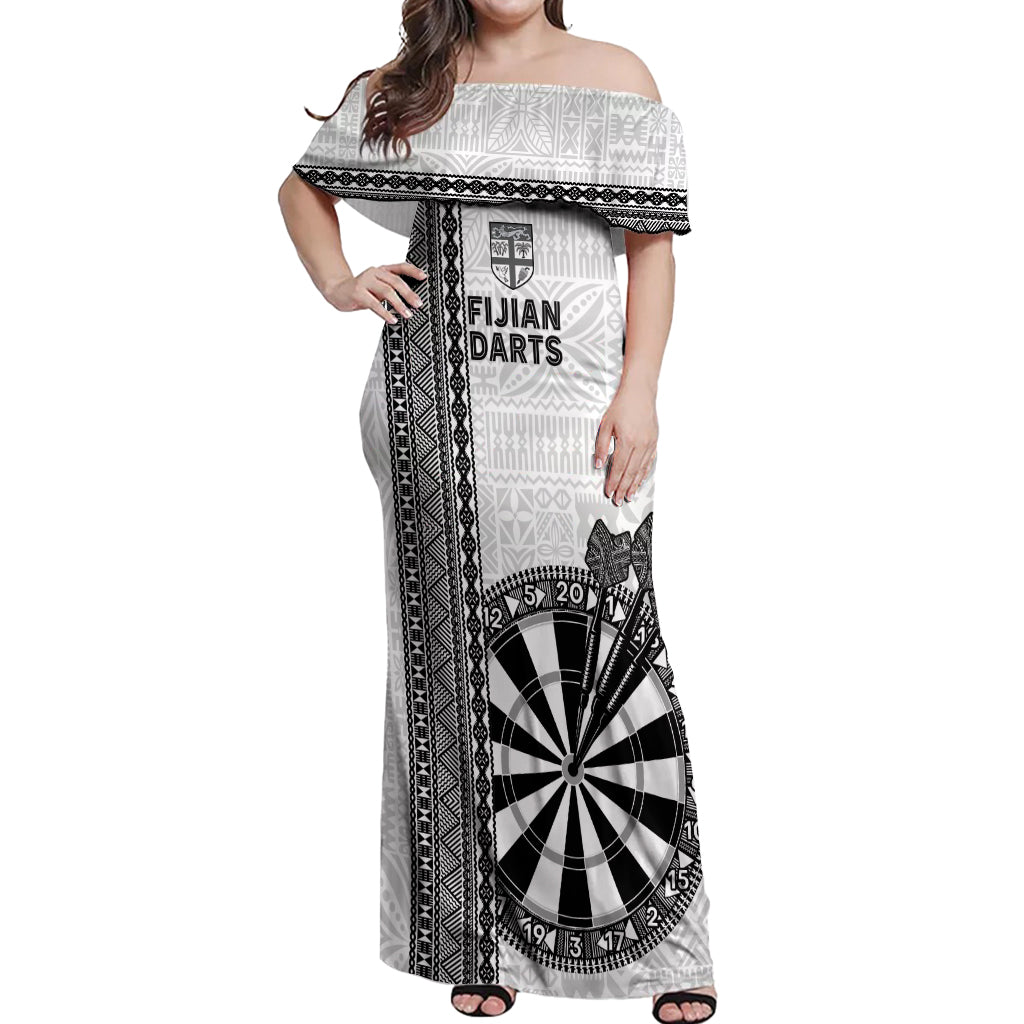 Personalised Fiji Darts Off Shoulder Maxi Dress Fijian Tapa Pattern - White