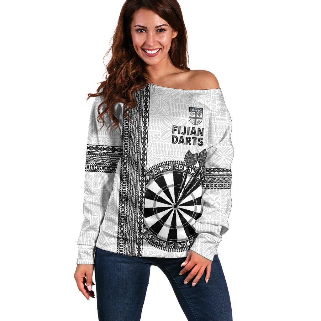 Personalised Fiji Darts Off Shoulder Sweater Fijian Tapa Pattern - White