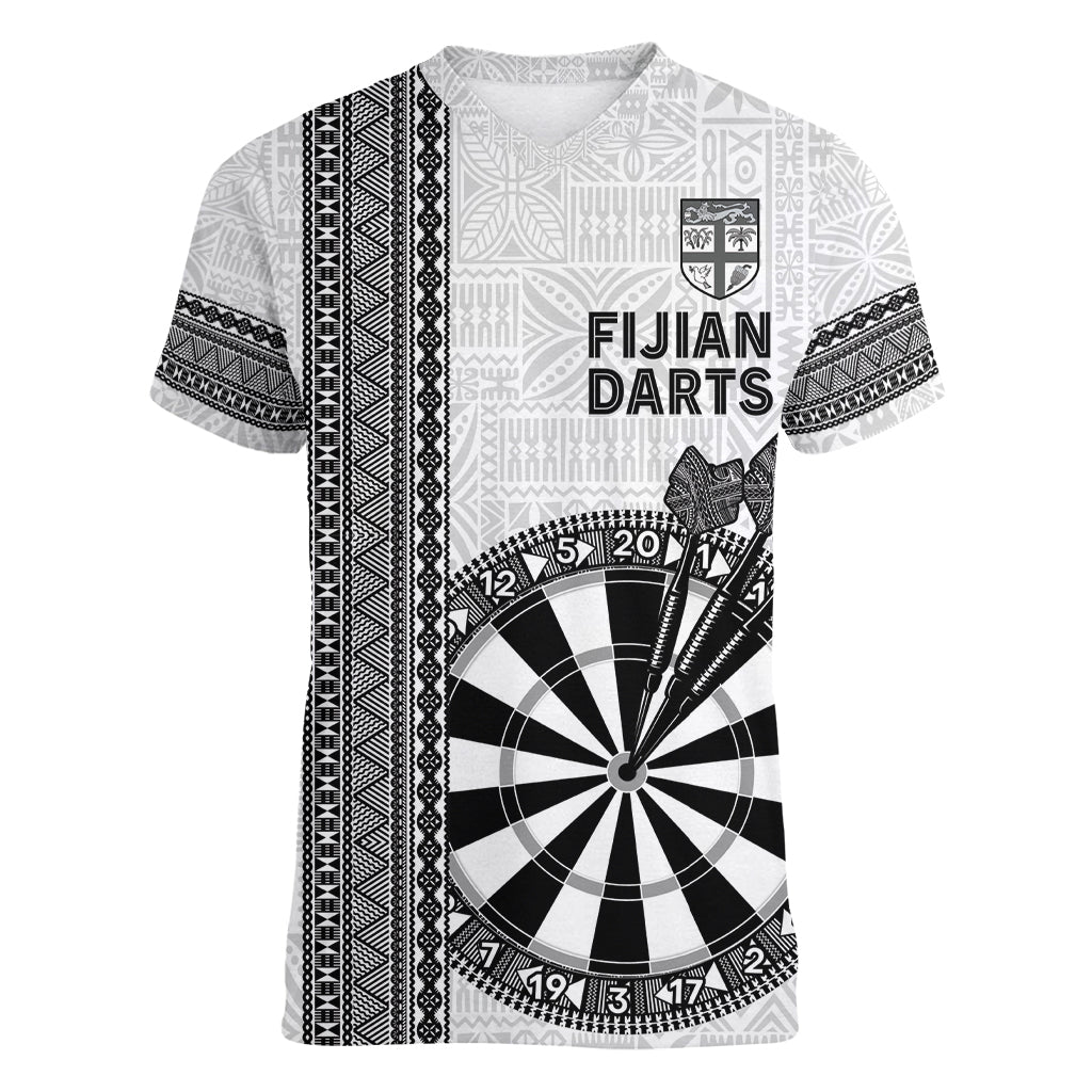 Personalised Fiji Darts Women V-Neck T-Shirt Fijian Tapa Pattern - White