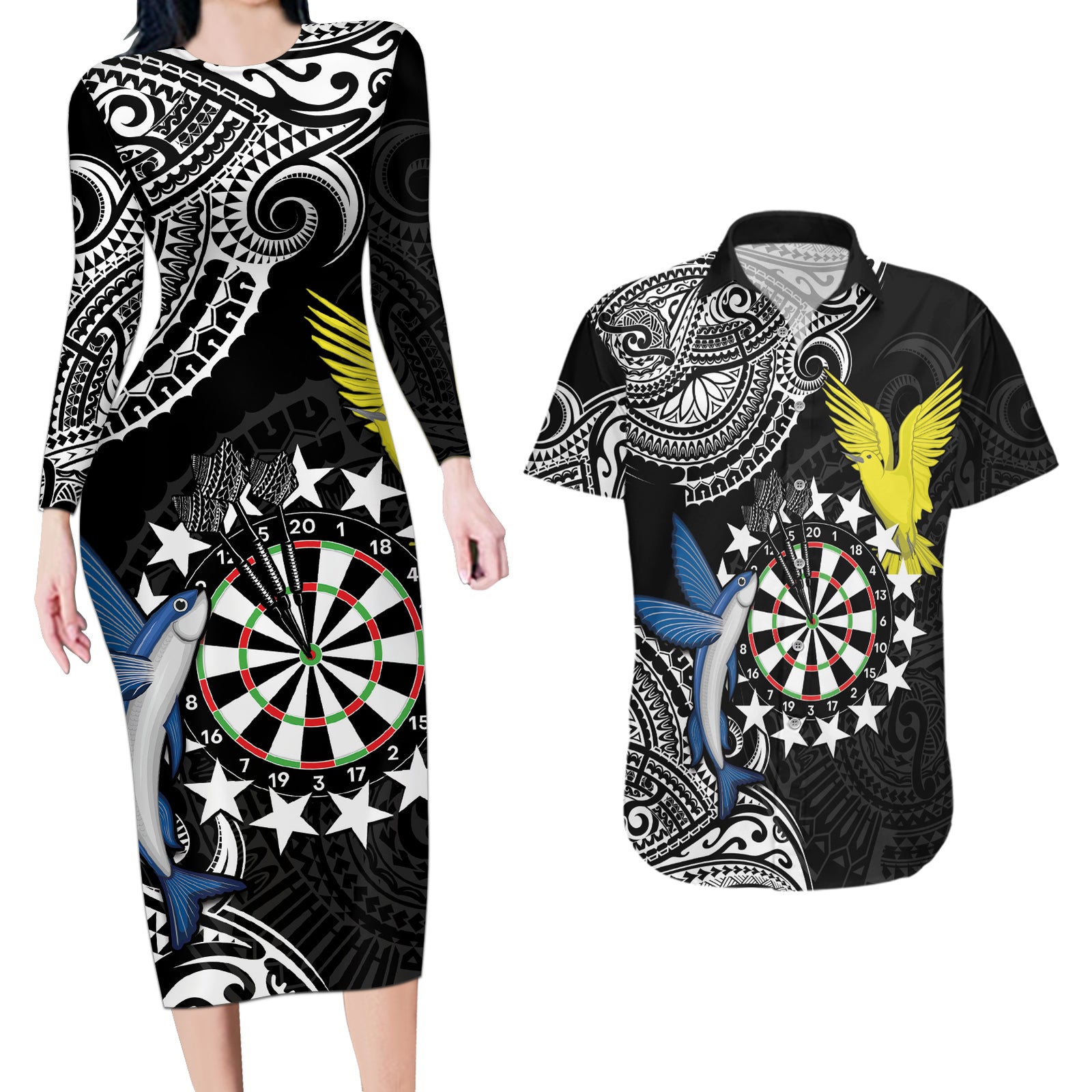 Personalised Cook Islands Darts Couples Matching Long Sleeve Bodycon Dress and Hawaiian Shirt Kuki Airani Tribal Pattern LT14 Black - Polynesian Pride