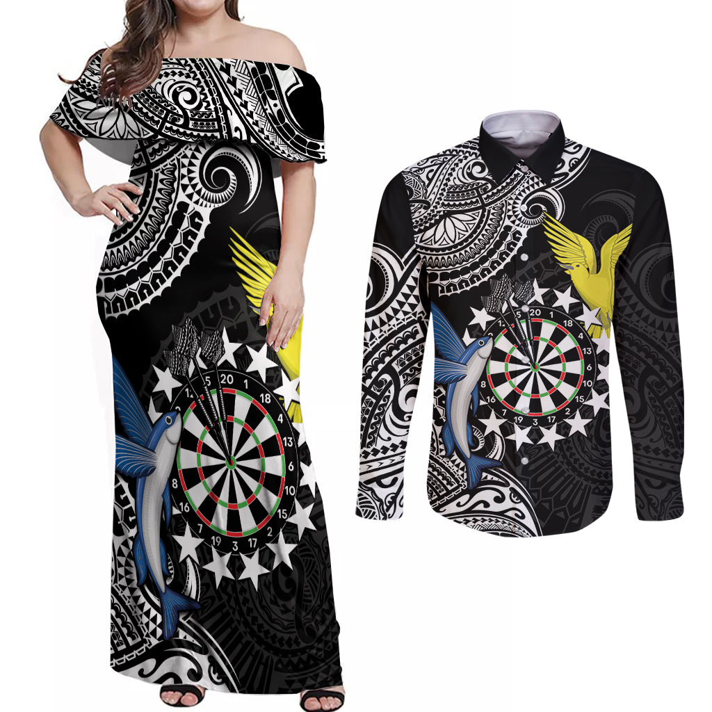 Personalised Cook Islands Darts Couples Matching Off Shoulder Maxi Dress and Long Sleeve Button Shirt Kuki Airani Tribal Pattern LT14 Black - Polynesian Pride