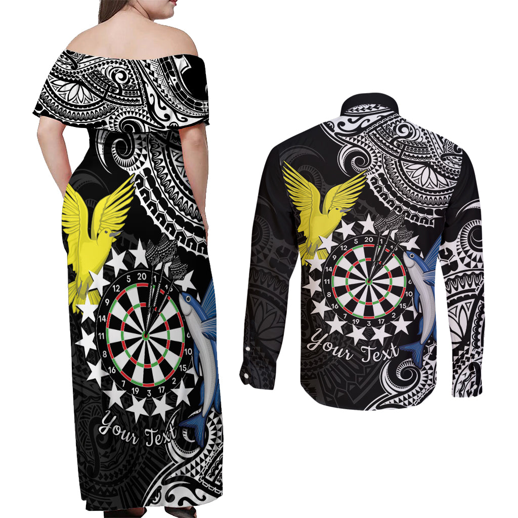 Personalised Cook Islands Darts Couples Matching Off Shoulder Maxi Dress and Long Sleeve Button Shirt Kuki Airani Tribal Pattern LT14 - Polynesian Pride