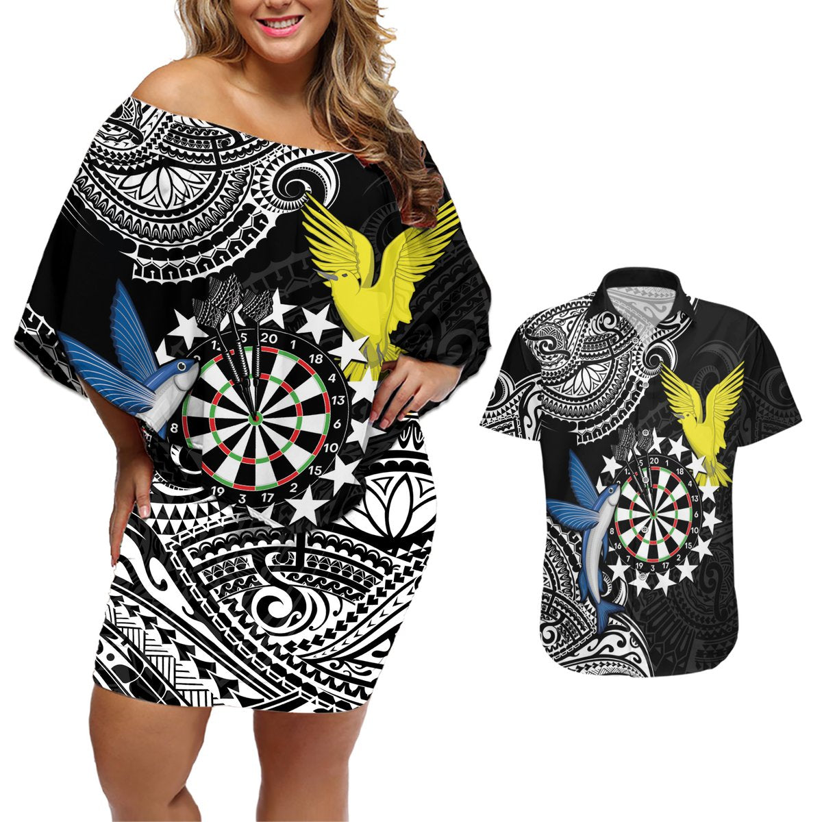 Personalised Cook Islands Darts Couples Matching Off Shoulder Short Dress and Hawaiian Shirt Kuki Airani Tribal Pattern LT14 Black - Polynesian Pride