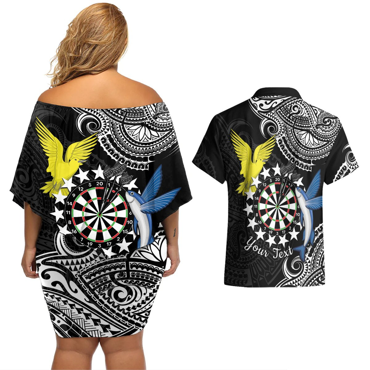 Personalised Cook Islands Darts Couples Matching Off Shoulder Short Dress and Hawaiian Shirt Kuki Airani Tribal Pattern LT14 - Polynesian Pride