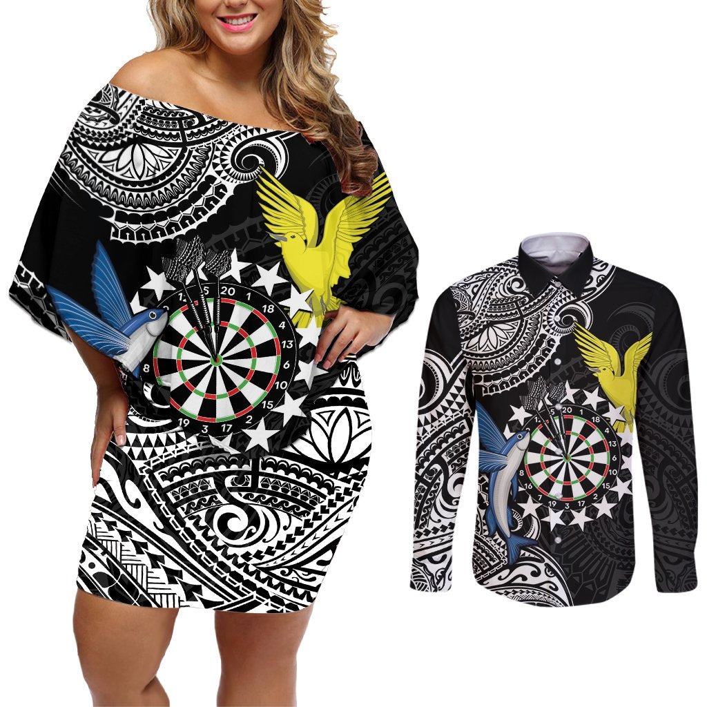 Personalised Cook Islands Darts Couples Matching Off Shoulder Short Dress and Long Sleeve Button Shirt Kuki Airani Tribal Pattern LT14 Black - Polynesian Pride