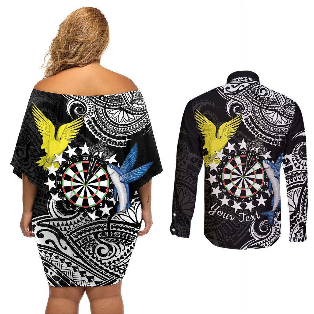 Personalised Cook Islands Darts Couples Matching Off Shoulder Short Dress and Long Sleeve Button Shirt Kuki Airani Tribal Pattern LT14 - Polynesian Pride
