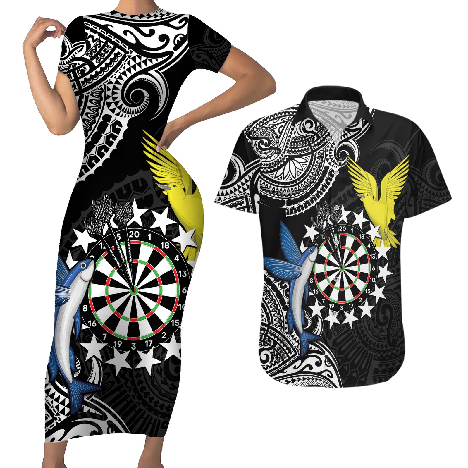 Personalised Cook Islands Darts Couples Matching Short Sleeve Bodycon Dress and Hawaiian Shirt Kuki Airani Tribal Pattern LT14 Black - Polynesian Pride