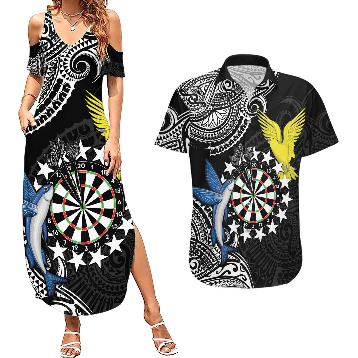 Personalised Cook Islands Darts Couples Matching Summer Maxi Dress and Hawaiian Shirt Kuki Airani Tribal Pattern LT14 Black - Polynesian Pride