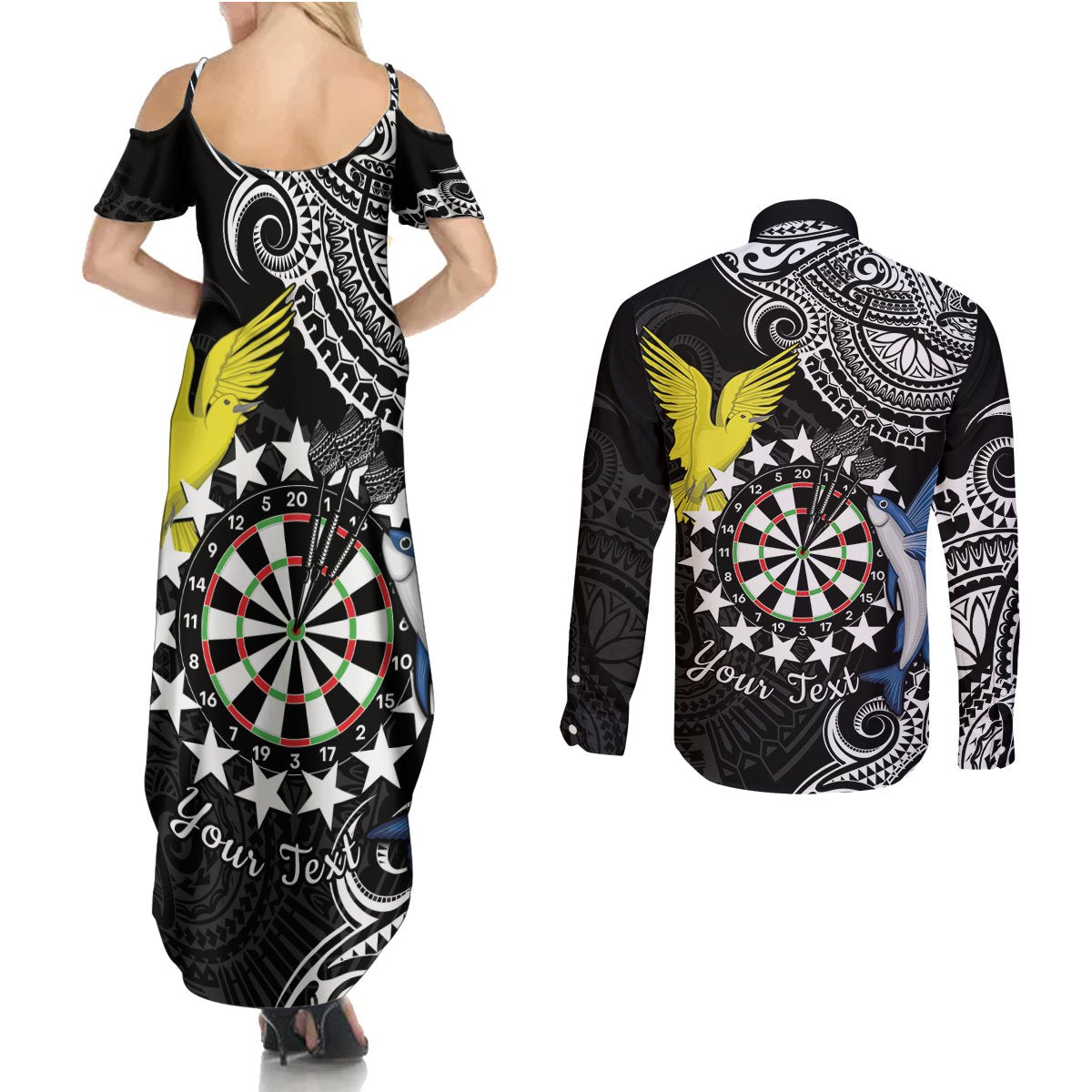 Personalised Cook Islands Darts Couples Matching Summer Maxi Dress and Long Sleeve Button Shirt Kuki Airani Tribal Pattern LT14 - Polynesian Pride