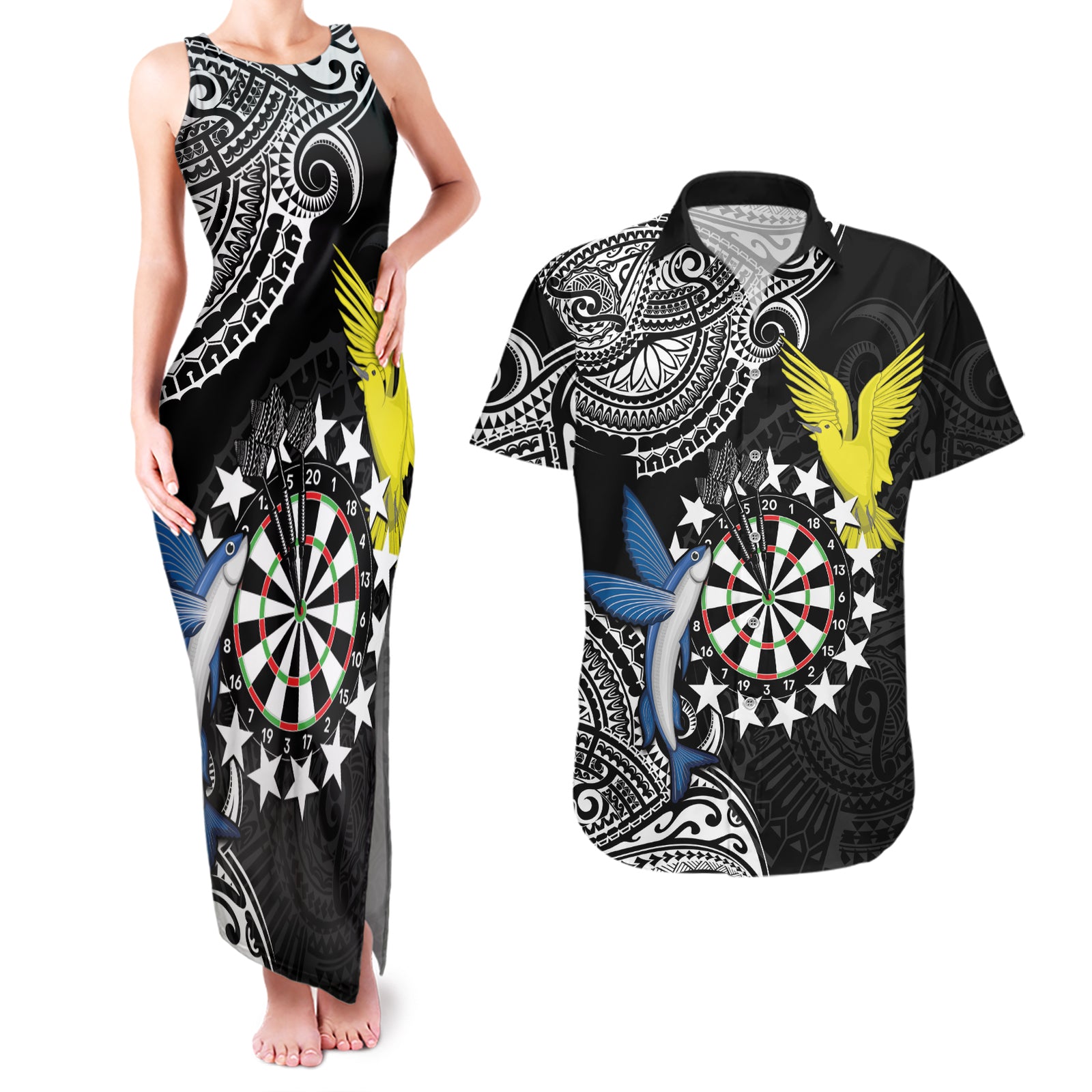 Personalised Cook Islands Darts Couples Matching Tank Maxi Dress and Hawaiian Shirt Kuki Airani Tribal Pattern LT14 Black - Polynesian Pride