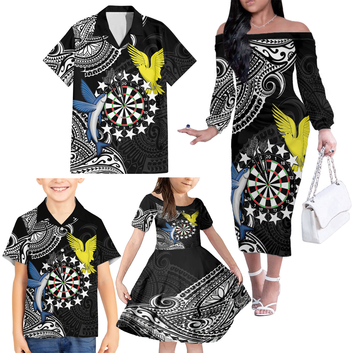 Personalised Cook Islands Darts Family Matching Off The Shoulder Long Sleeve Dress and Hawaiian Shirt Kuki Airani Tribal Pattern LT14 - Polynesian Pride