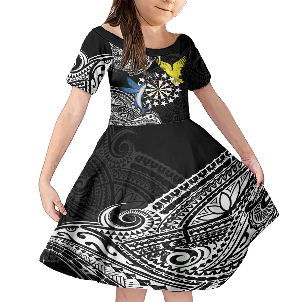 Personalised Cook Islands Darts Family Matching Off Shoulder Maxi Dress and Hawaiian Shirt Kuki Airani Tribal Pattern LT14 Daughter's Dress Black - Polynesian Pride
