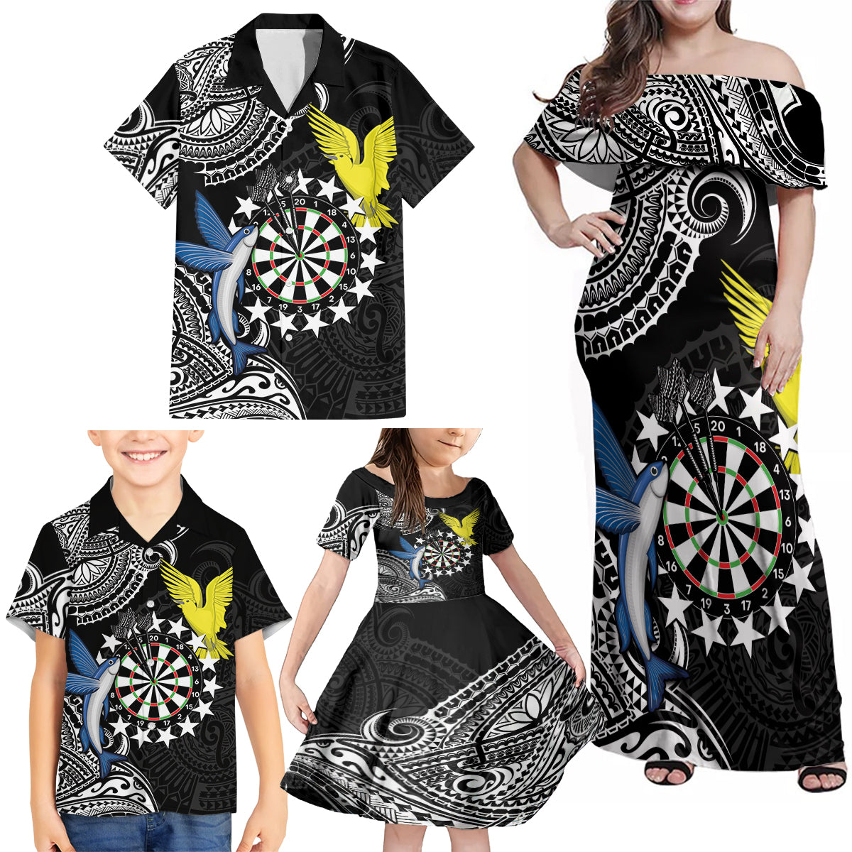Personalised Cook Islands Darts Family Matching Off Shoulder Maxi Dress and Hawaiian Shirt Kuki Airani Tribal Pattern LT14 - Polynesian Pride