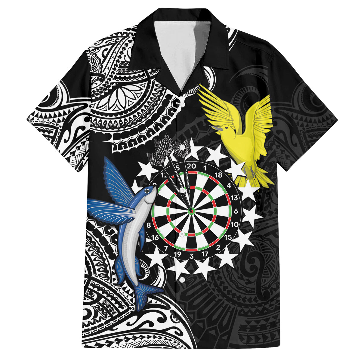 Personalised Cook Islands Darts Family Matching Off Shoulder Maxi Dress and Hawaiian Shirt Kuki Airani Tribal Pattern LT14 Dad's Shirt - Short Sleeve Black - Polynesian Pride