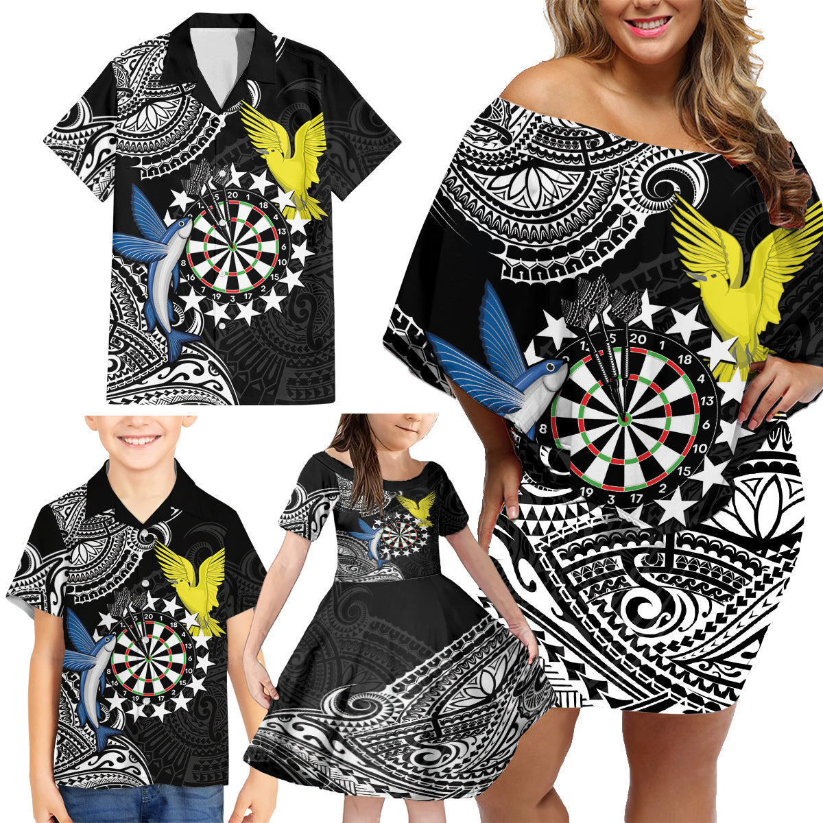 Personalised Cook Islands Darts Family Matching Off Shoulder Short Dress and Hawaiian Shirt Kuki Airani Tribal Pattern