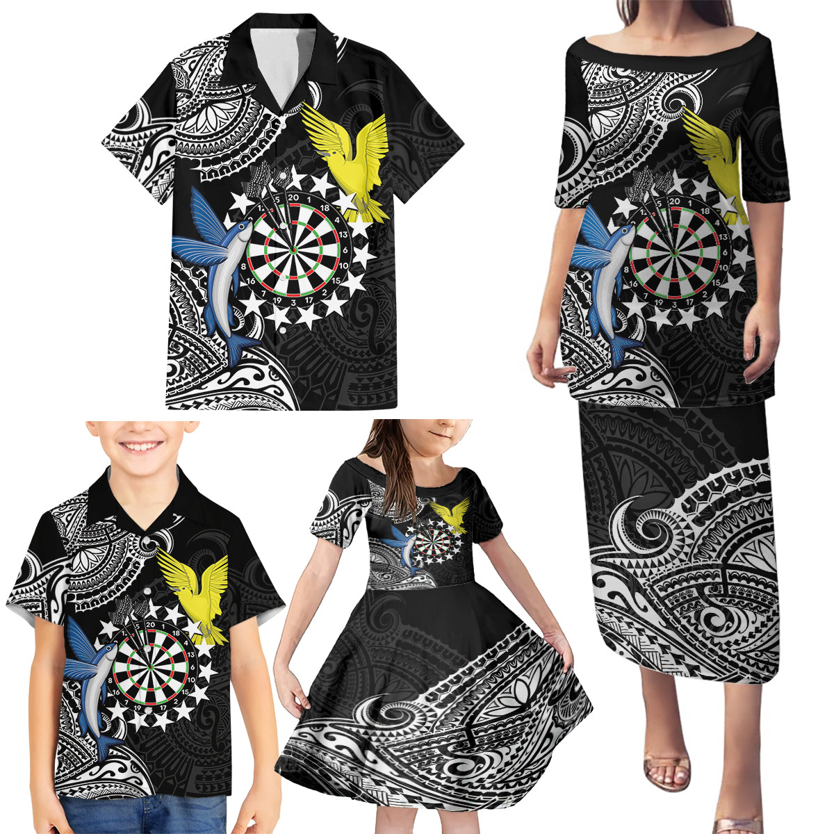 Personalised Cook Islands Darts Family Matching Puletasi and Hawaiian Shirt Kuki Airani Tribal Pattern