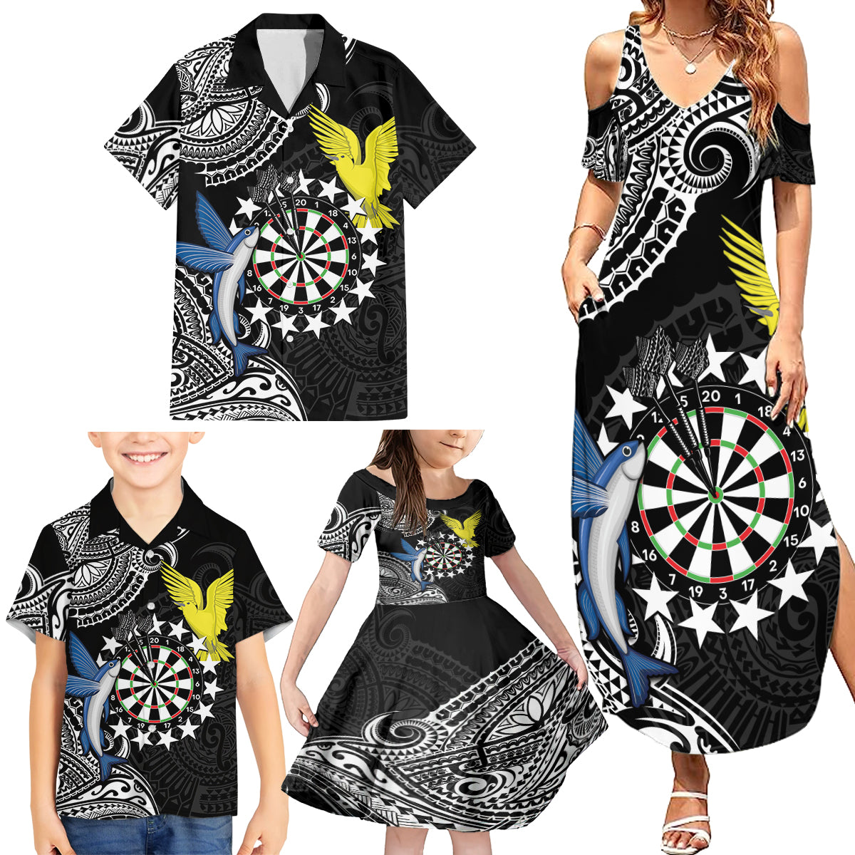 Personalised Cook Islands Darts Family Matching Summer Maxi Dress and Hawaiian Shirt Kuki Airani Tribal Pattern LT14 - Polynesian Pride