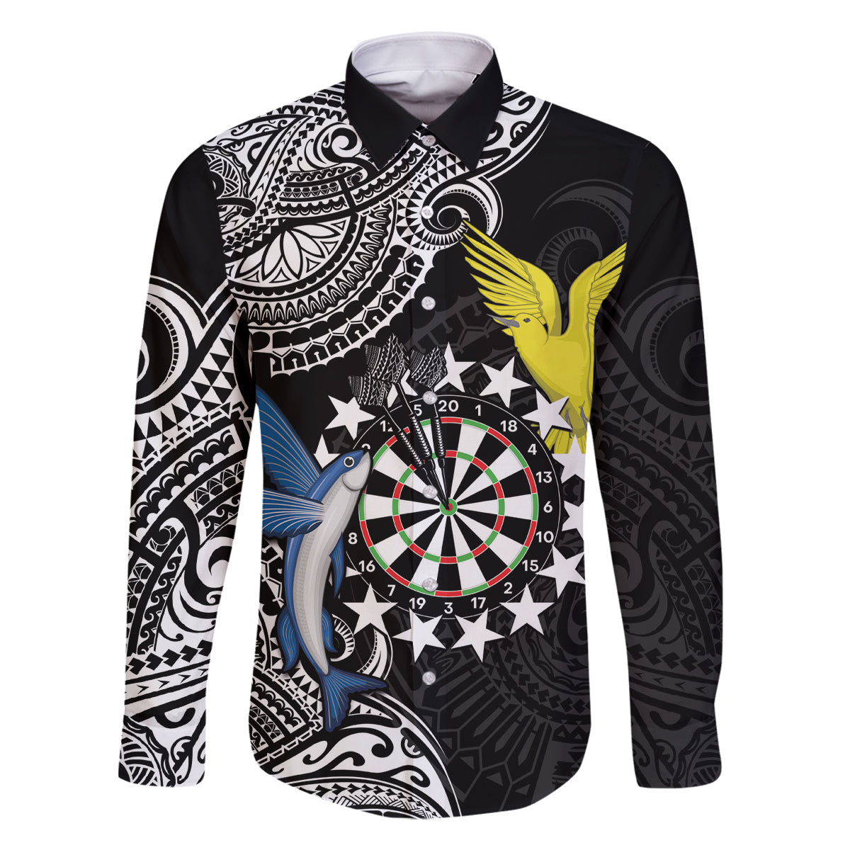 Personalised Cook Islands Darts Family Matching Summer Maxi Dress and Hawaiian Shirt Kuki Airani Tribal Pattern LT14 Dad's Shirt - Long Sleeve Black - Polynesian Pride
