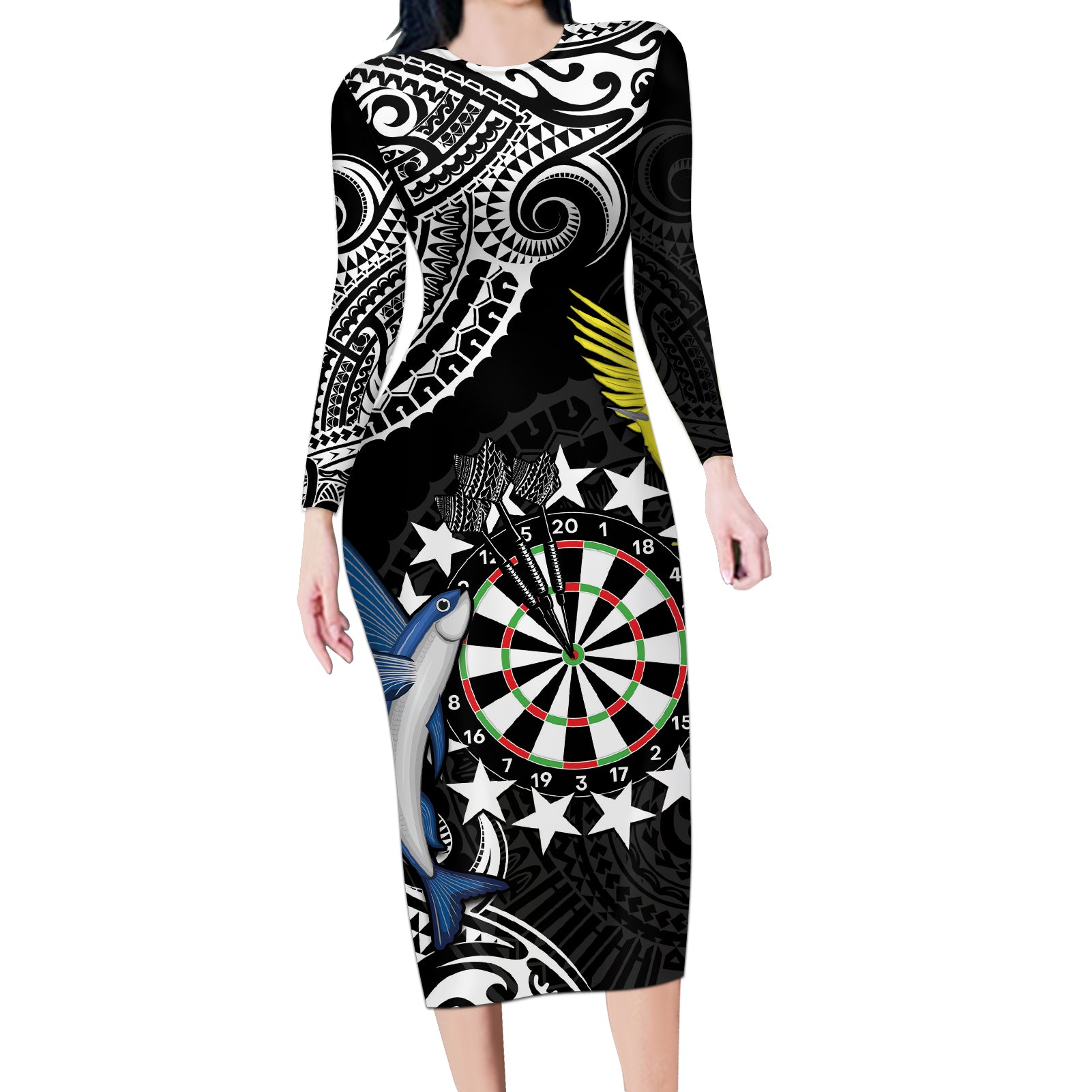 Personalised Cook Islands Darts Long Sleeve Bodycon Dress Kuki Airani Tribal Pattern