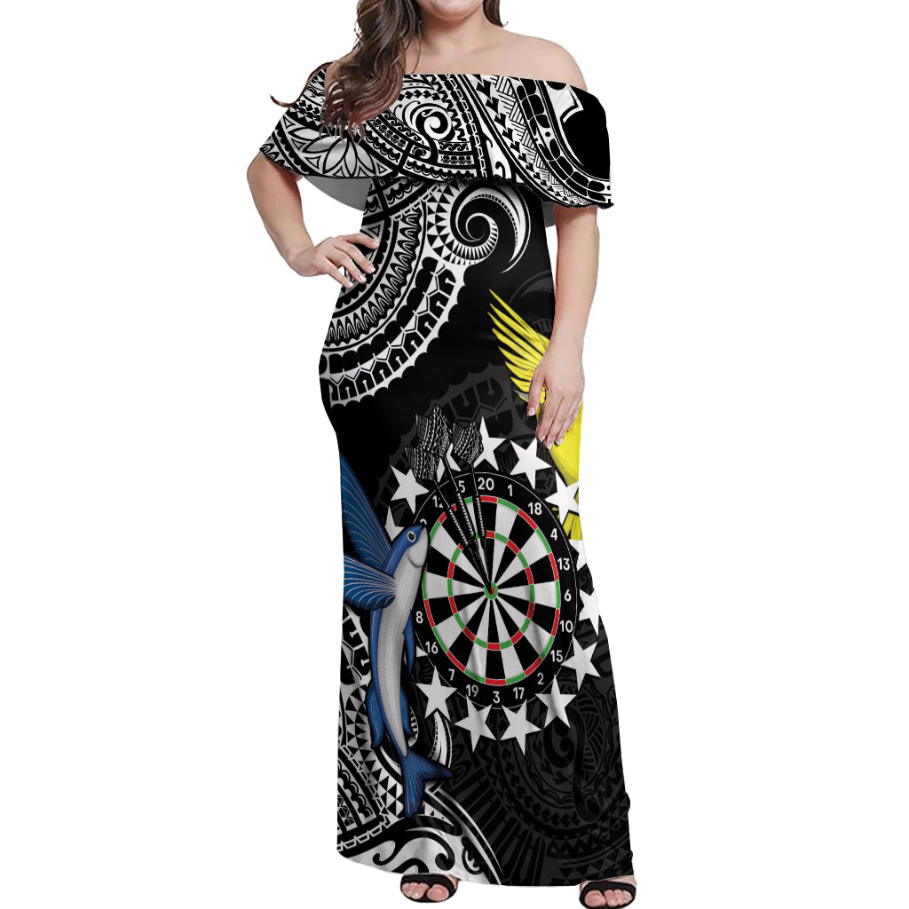 Personalised Cook Islands Darts Off Shoulder Maxi Dress Kuki Airani Tribal Pattern LT14 Women Black - Polynesian Pride
