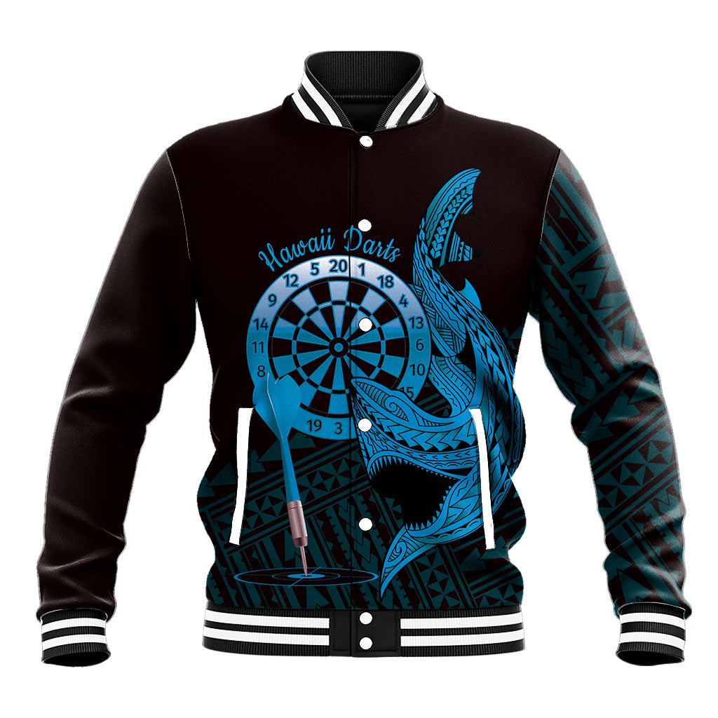 Aloha Hawaii Darts Baseball Jacket Dart Board With Polynesian Shark - Blue LT14 Unisex Blue - Polynesian Pride