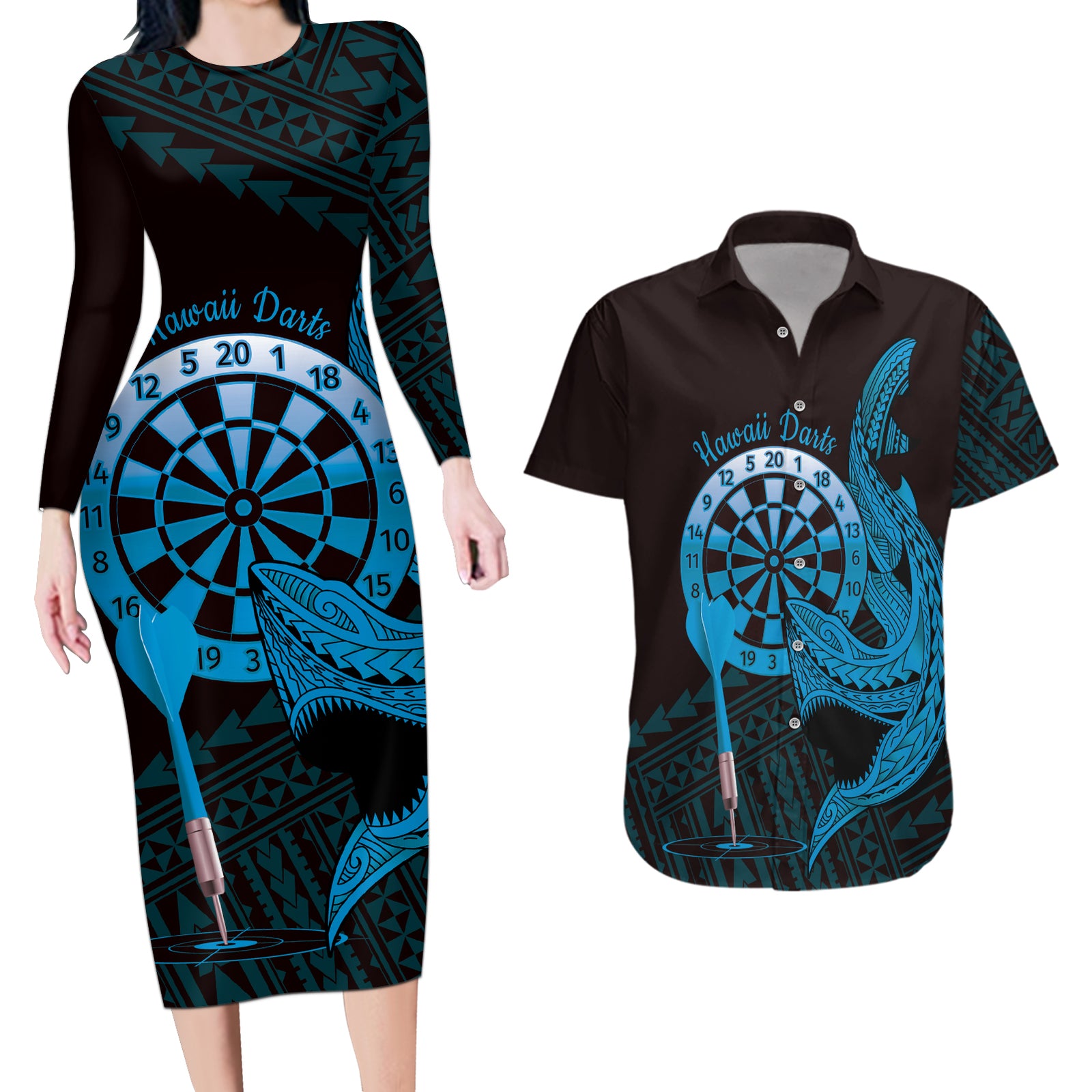 Aloha Hawaii Darts Couples Matching Long Sleeve Bodycon Dress and Hawaiian Shirt Dart Board With Polynesian Shark - Blue LT14 Blue - Polynesian Pride