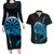 Aloha Hawaii Darts Couples Matching Long Sleeve Bodycon Dress and Hawaiian Shirt Dart Board With Polynesian Shark - Blue