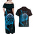 Aloha Hawaii Darts Couples Matching Off Shoulder Maxi Dress and Hawaiian Shirt Dart Board With Polynesian Shark - Blue