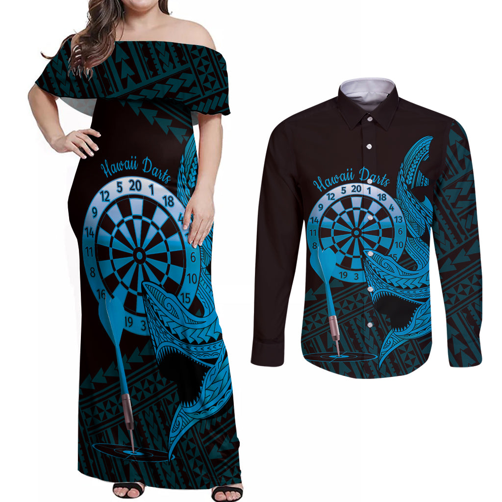 Aloha Hawaii Darts Couples Matching Off Shoulder Maxi Dress and Long Sleeve Button Shirt Dart Board With Polynesian Shark - Blue LT14 Blue - Polynesian Pride