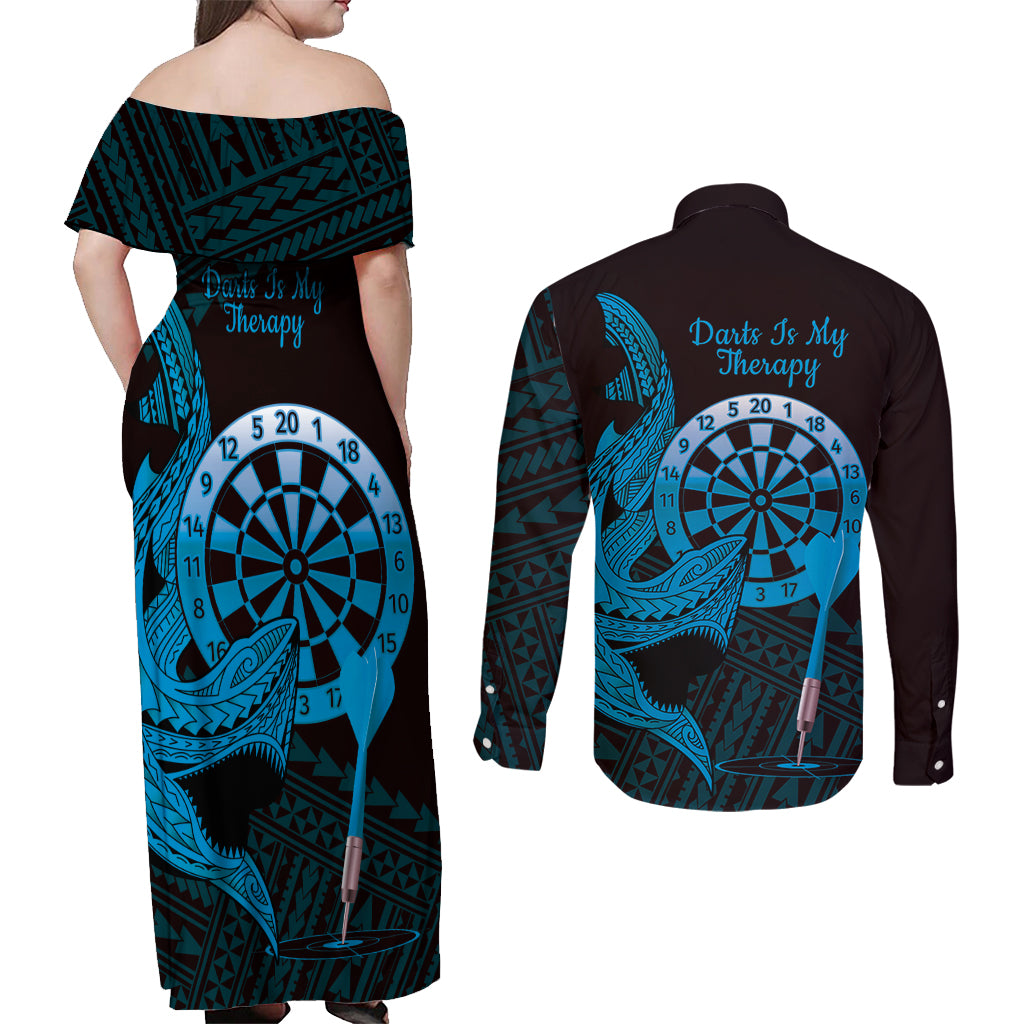Aloha Hawaii Darts Couples Matching Off Shoulder Maxi Dress and Long Sleeve Button Shirt Dart Board With Polynesian Shark - Blue LT14 - Polynesian Pride