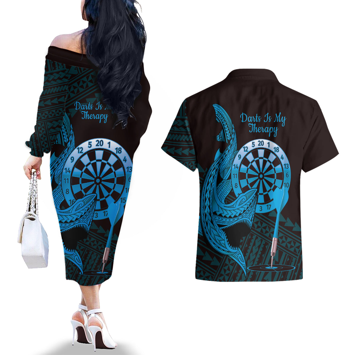 Aloha Hawaii Darts Couples Matching Off The Shoulder Long Sleeve Dress and Hawaiian Shirt Dart Board With Polynesian Shark - Blue