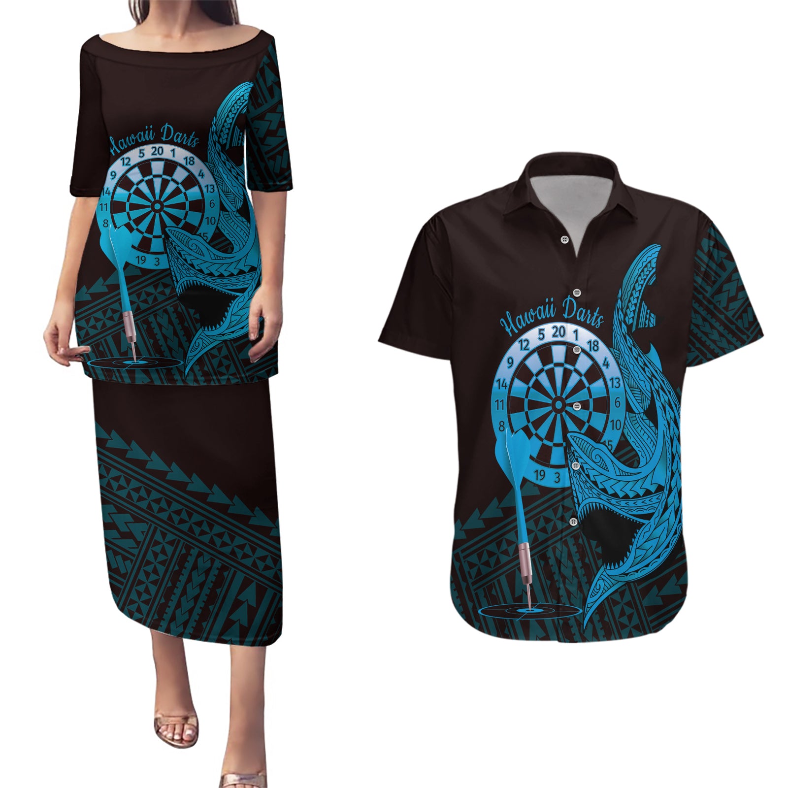 Aloha Hawaii Darts Couples Matching Puletasi and Hawaiian Shirt Dart Board With Polynesian Shark - Blue LT14 Blue - Polynesian Pride